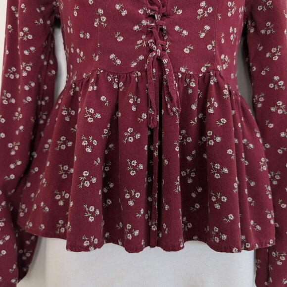 AEROPOSTALE Top Women's S Burgundy Floral Corset Babydoll Pullover Long Sleeve - Picture 2 of 16